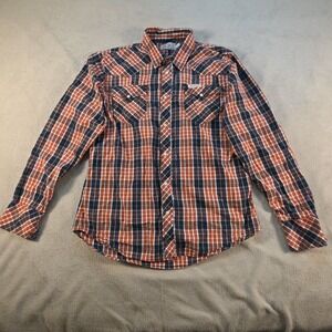 True Religion Western Shirt Mens 3XL Blue/Orange Plaid Flannel Pearl Snap